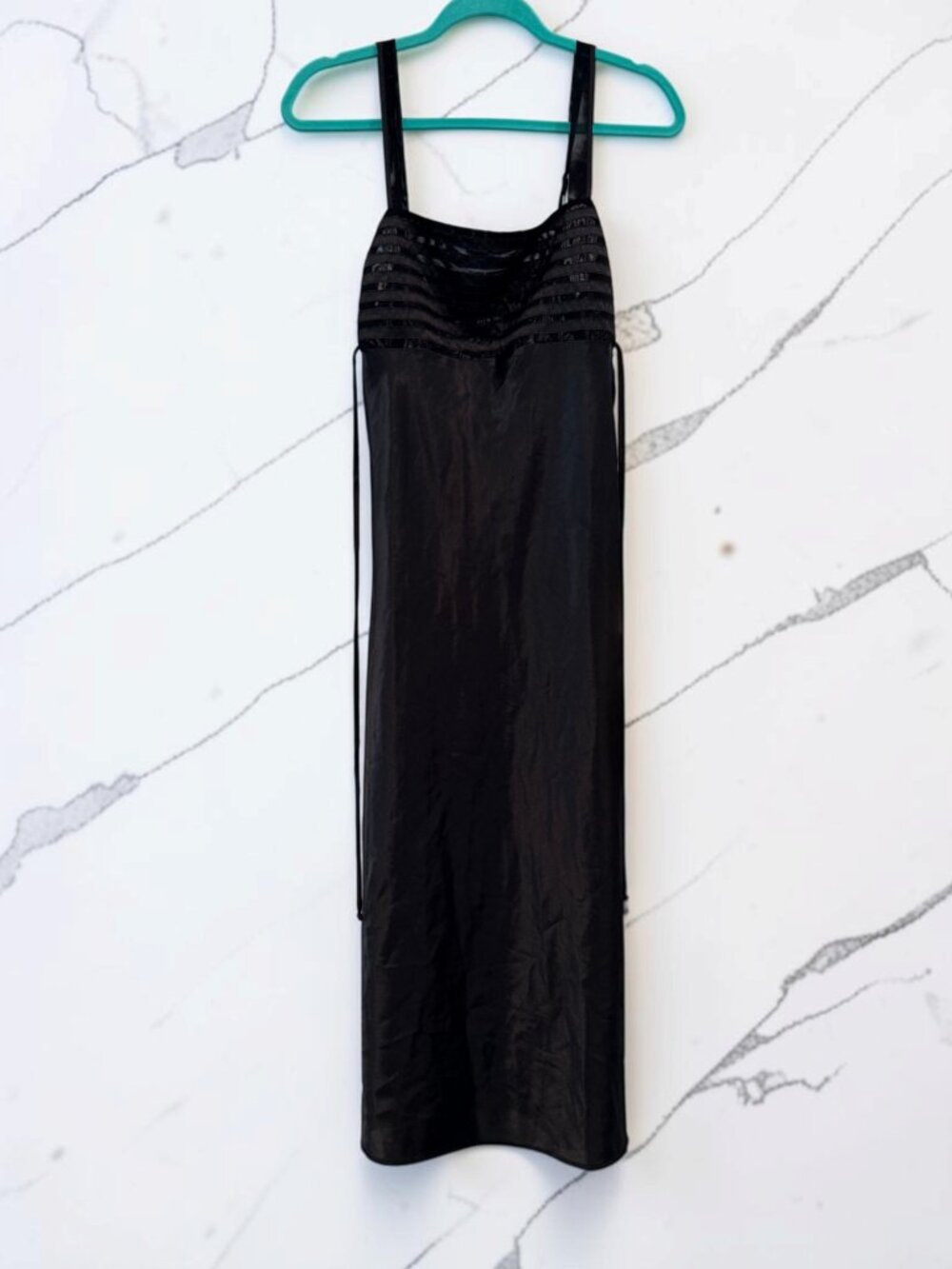 Studio Donatella Size Small Black Satin Maxi Dress Nightgown Hem Slits Back Tie